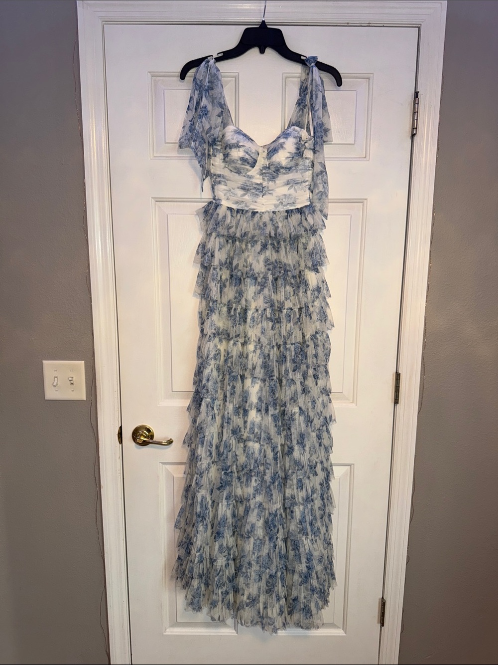 B. Smart Blue and White Floral Ruffled Maxi Dress